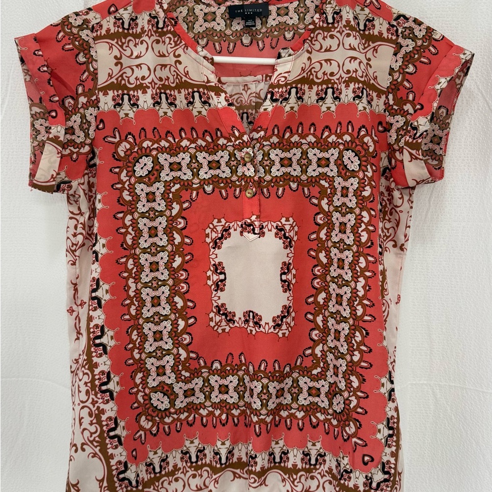 The Limited Pink and Cream Graphic Blouse with Mandarin Collar